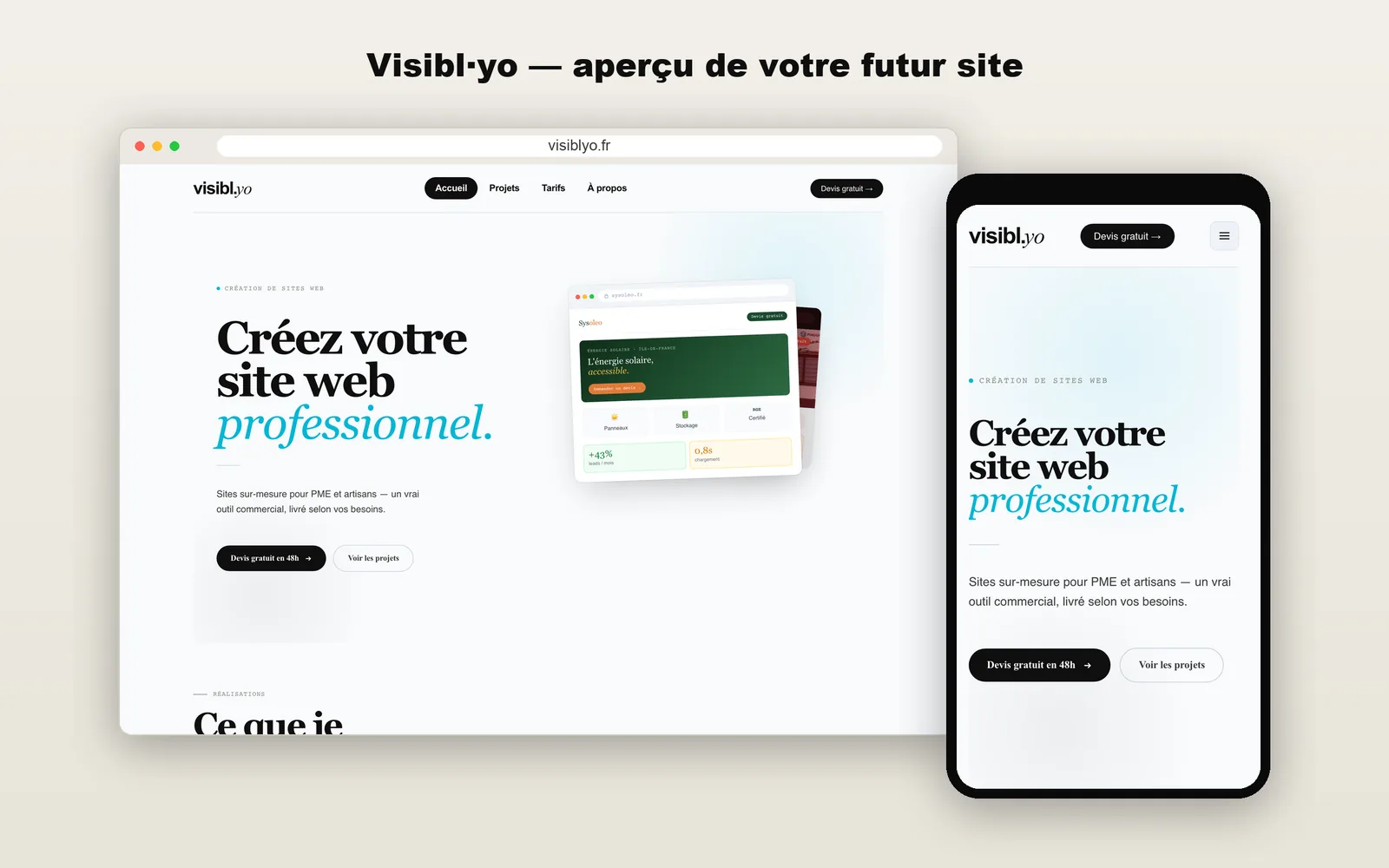 Maquette du site Visibl·yo présentée sur ordinateur et téléphone