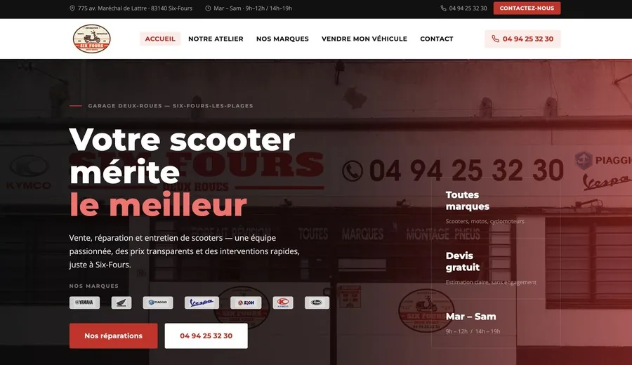 Page d'accueil du site Six Fours Deux Roues, Site vitrine réalisé à Six-Fours-les-Plages