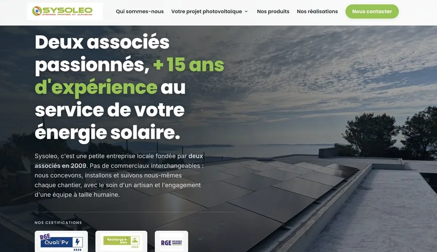 Page d'accueil du site Sysoleo, Site vitrine réalisé à Cuers