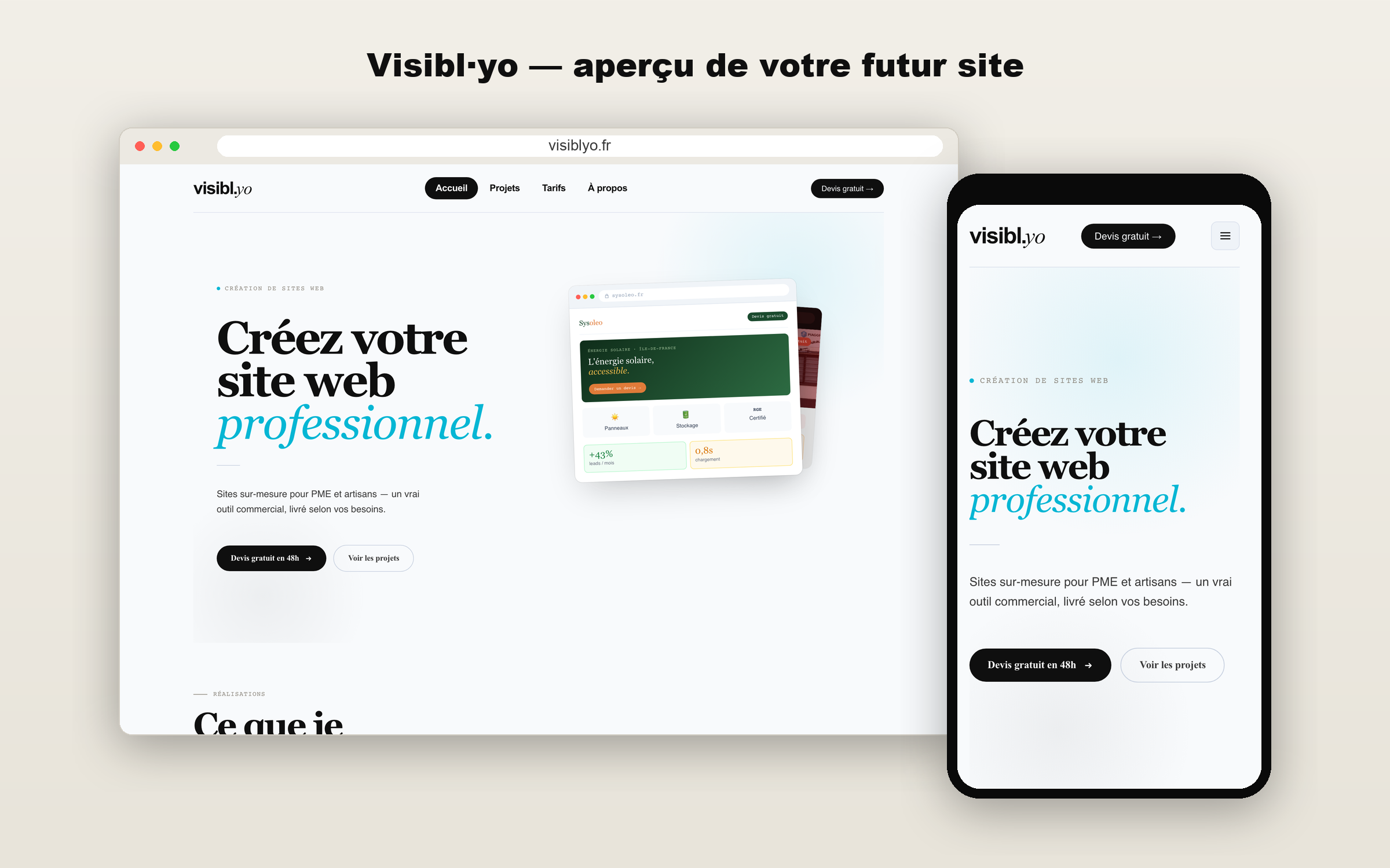 Maquette du site Visibl·yo présentée sur ordinateur et téléphone